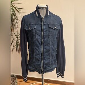 Armani Jeans Hybrid Denim Bomber Jacket - Navy Blue Knit Sleeves